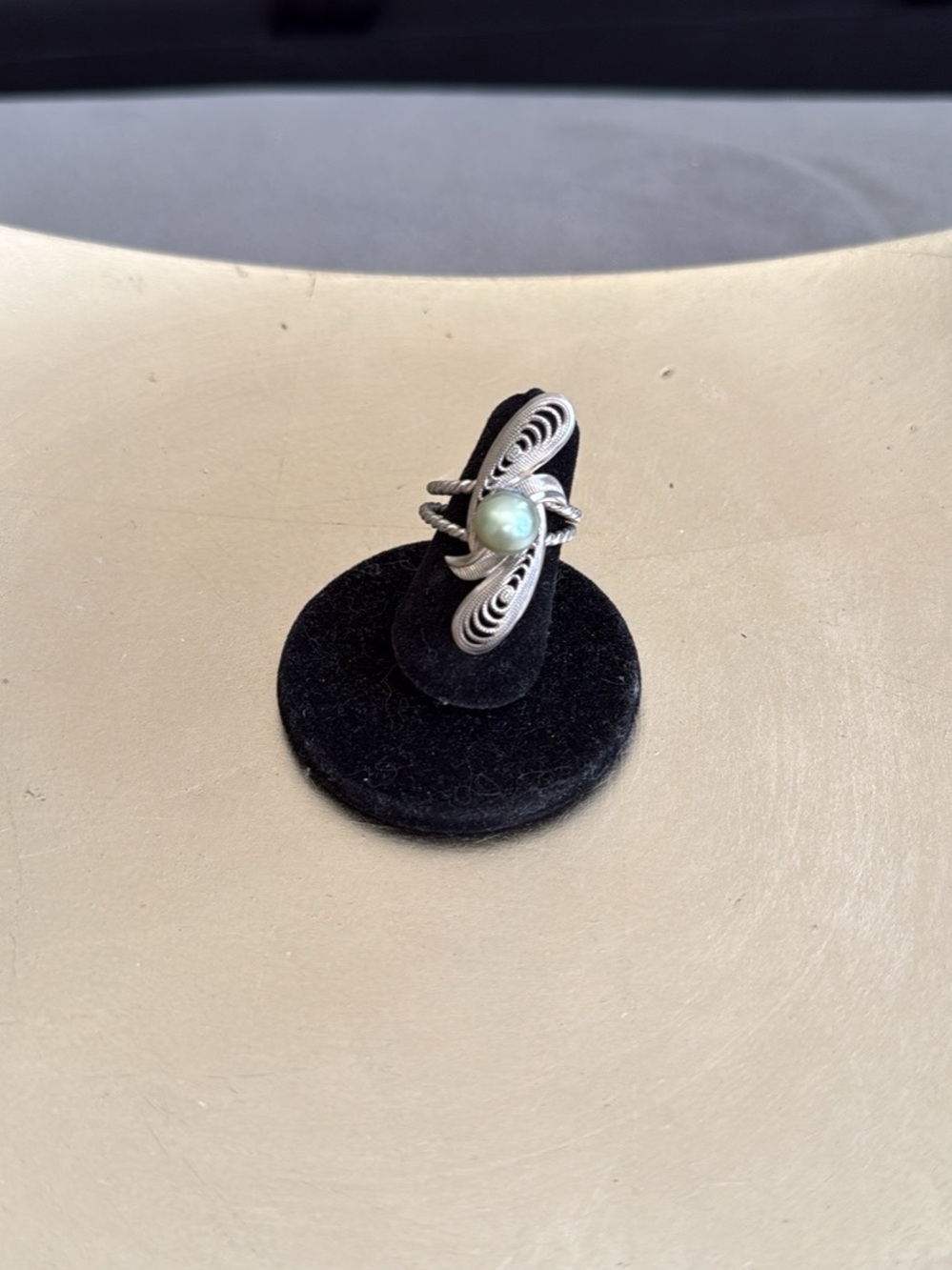 Alpaca Silver Wirework Adjustable Ring Light Green Pearl Pretty Unique Gift